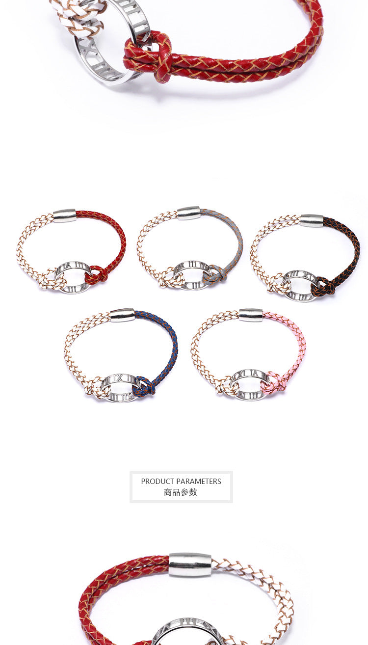 European and American Creative Light Luxury Bracelet for Women, Elegant Fashionable Fresh Style Cowhide Woven Bracelet with Roman Numeral Ring