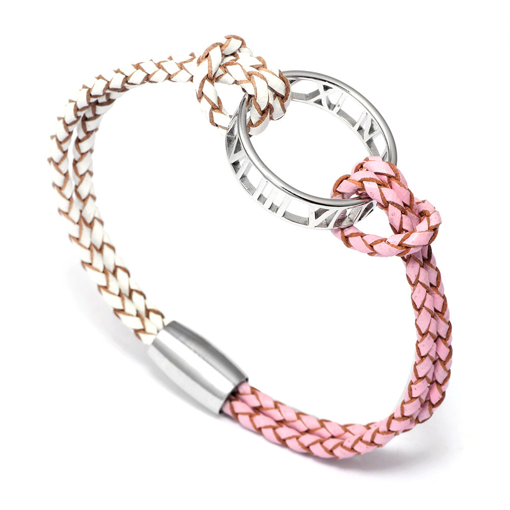 European and American Creative Light Luxury Bracelet for Women, Elegant Fashionable Fresh Style Cowhide Woven Bracelet with Roman Numeral Ring