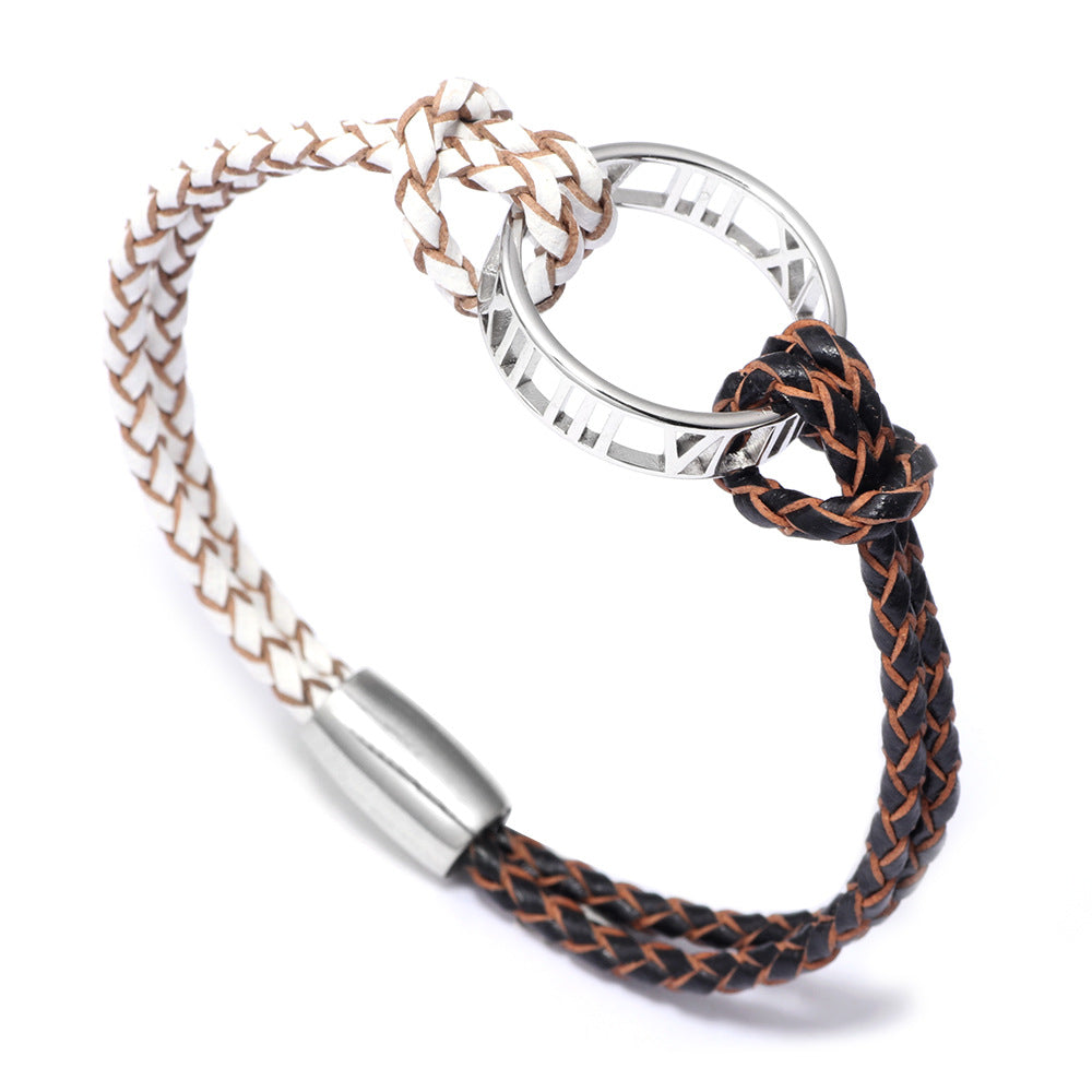 European and American Creative Light Luxury Bracelet for Women, Elegant Fashionable Fresh Style Cowhide Woven Bracelet with Roman Numeral Ring