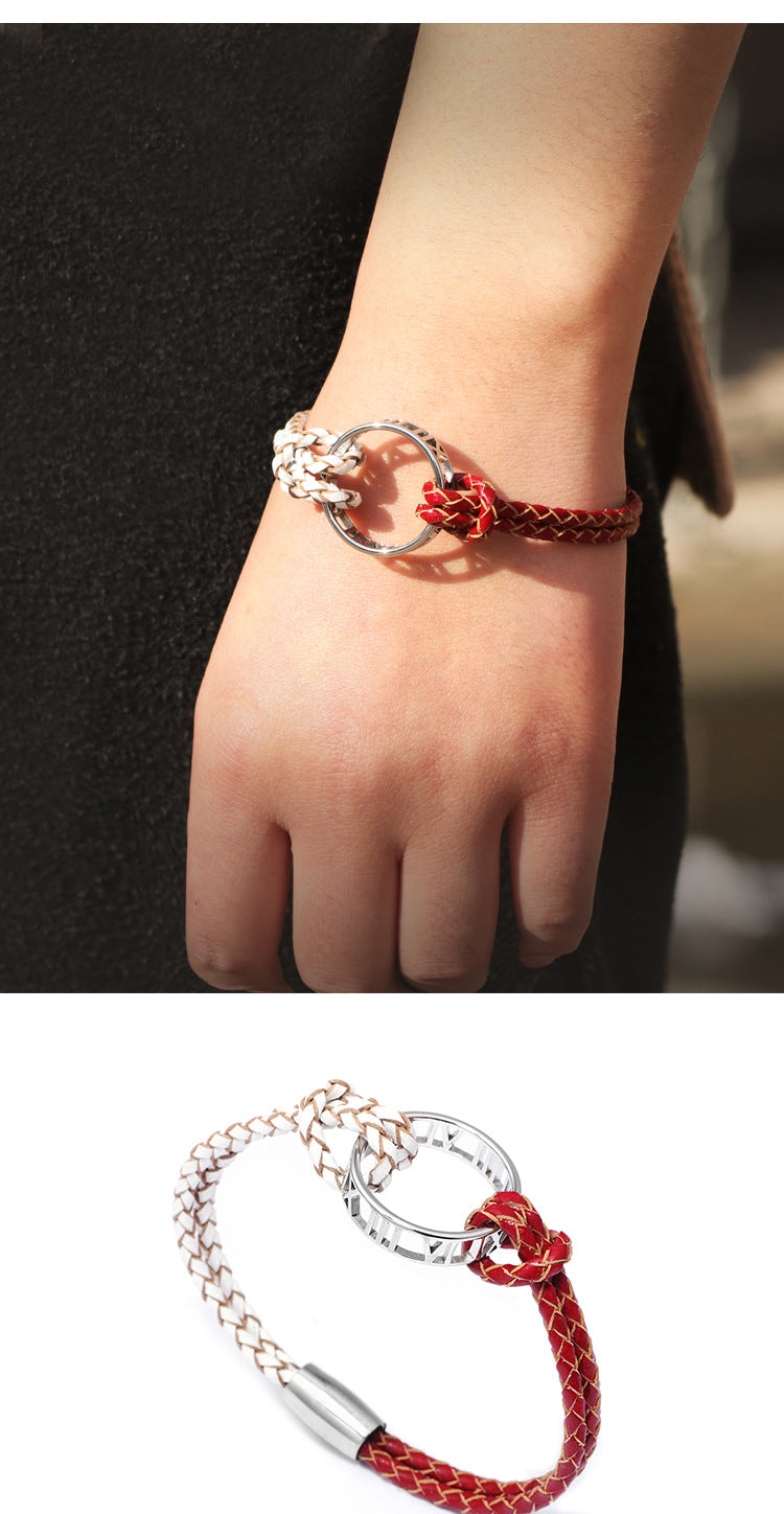 European and American Creative Light Luxury Bracelet for Women, Elegant Fashionable Fresh Style Cowhide Woven Bracelet with Roman Numeral Ring