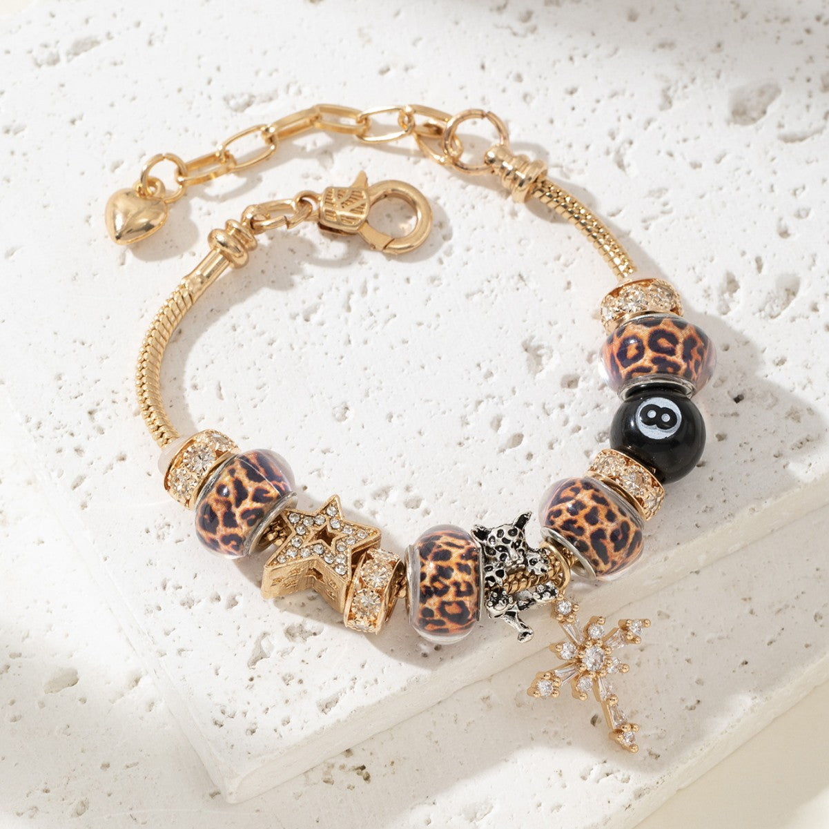Pan Family Bracelet Cross-border hot DIY Beaded Bracelet Copper Inlaid Zircon Cross Leopard Print Beads Black Eight Fashion Jewelry