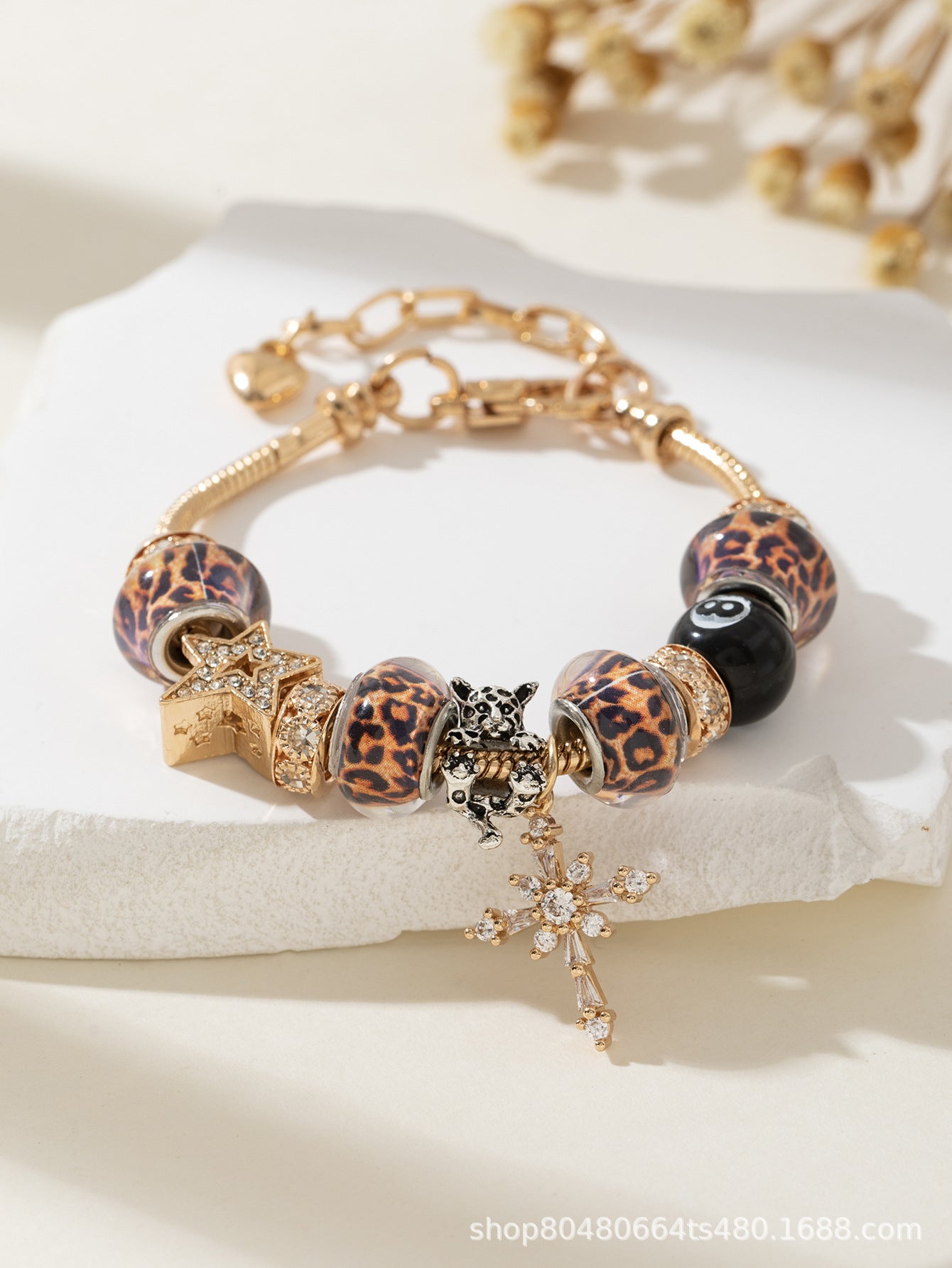Pan Family Bracelet Cross-border hot DIY Beaded Bracelet Copper Inlaid Zircon Cross Leopard Print Beads Black Eight Fashion Jewelry