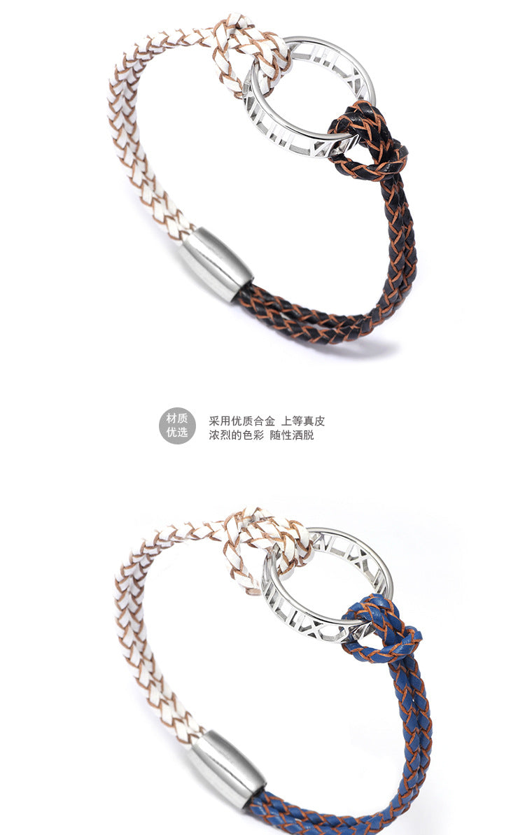 European and American Creative Light Luxury Bracelet for Women, Elegant Fashionable Fresh Style Cowhide Woven Bracelet with Roman Numeral Ring