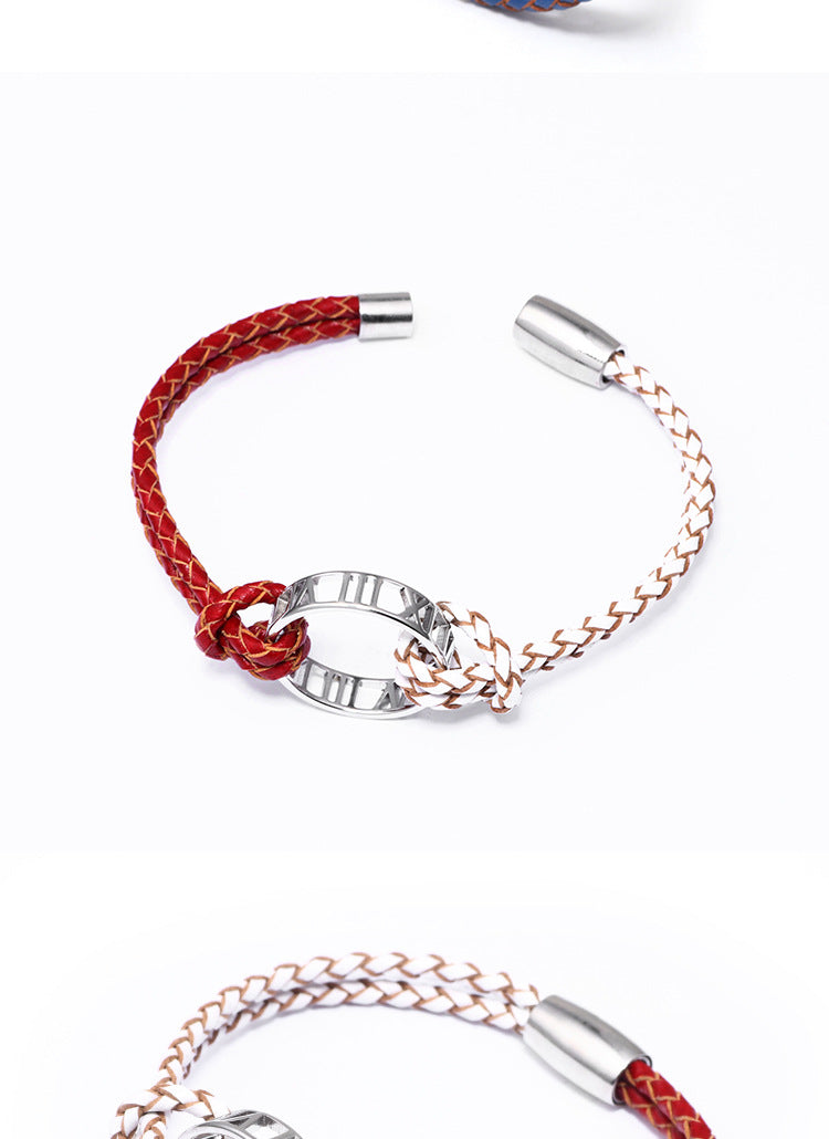 European and American Creative Light Luxury Bracelet for Women, Elegant Fashionable Fresh Style Cowhide Woven Bracelet with Roman Numeral Ring