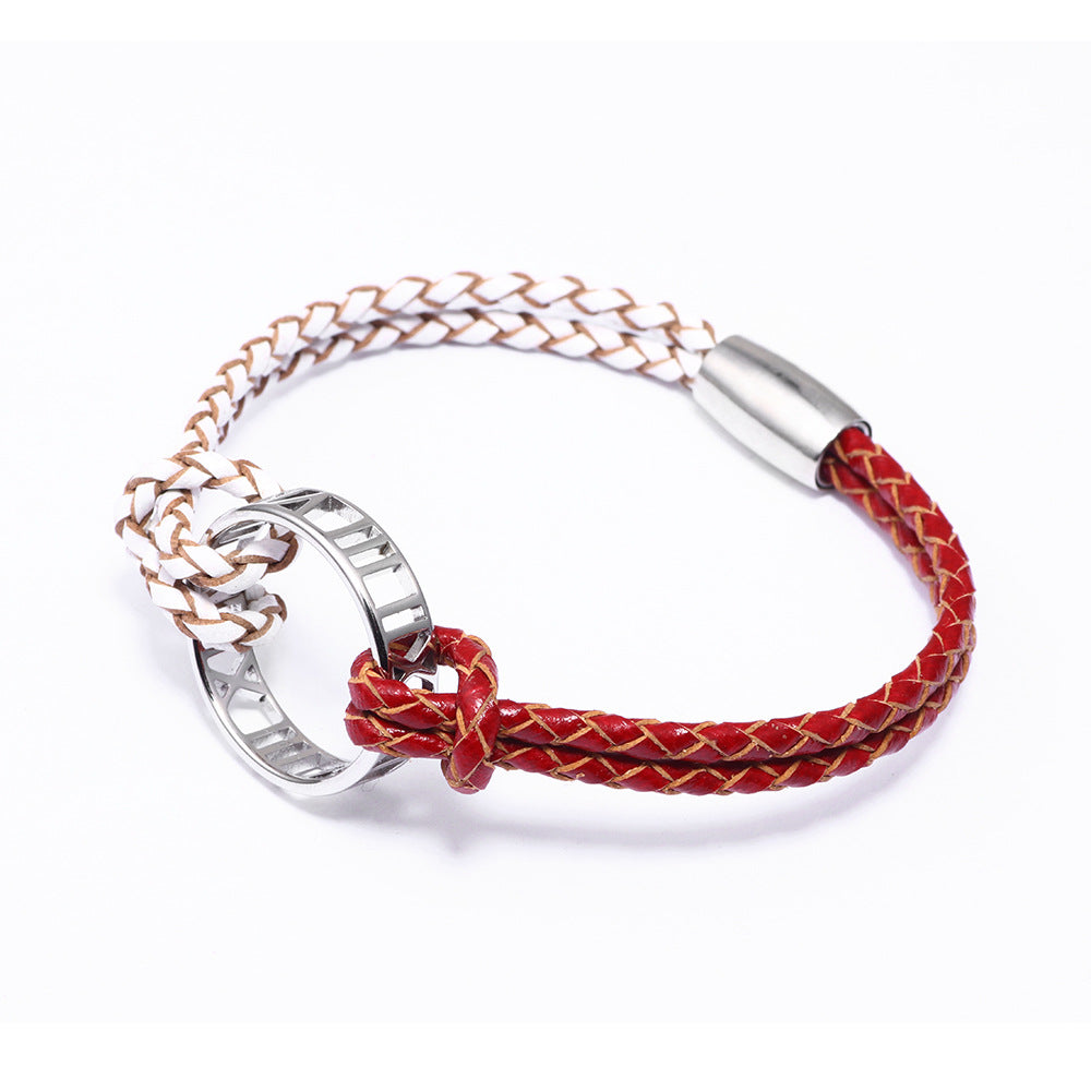 European and American Creative Light Luxury Bracelet for Women, Elegant Fashionable Fresh Style Cowhide Woven Bracelet with Roman Numeral Ring
