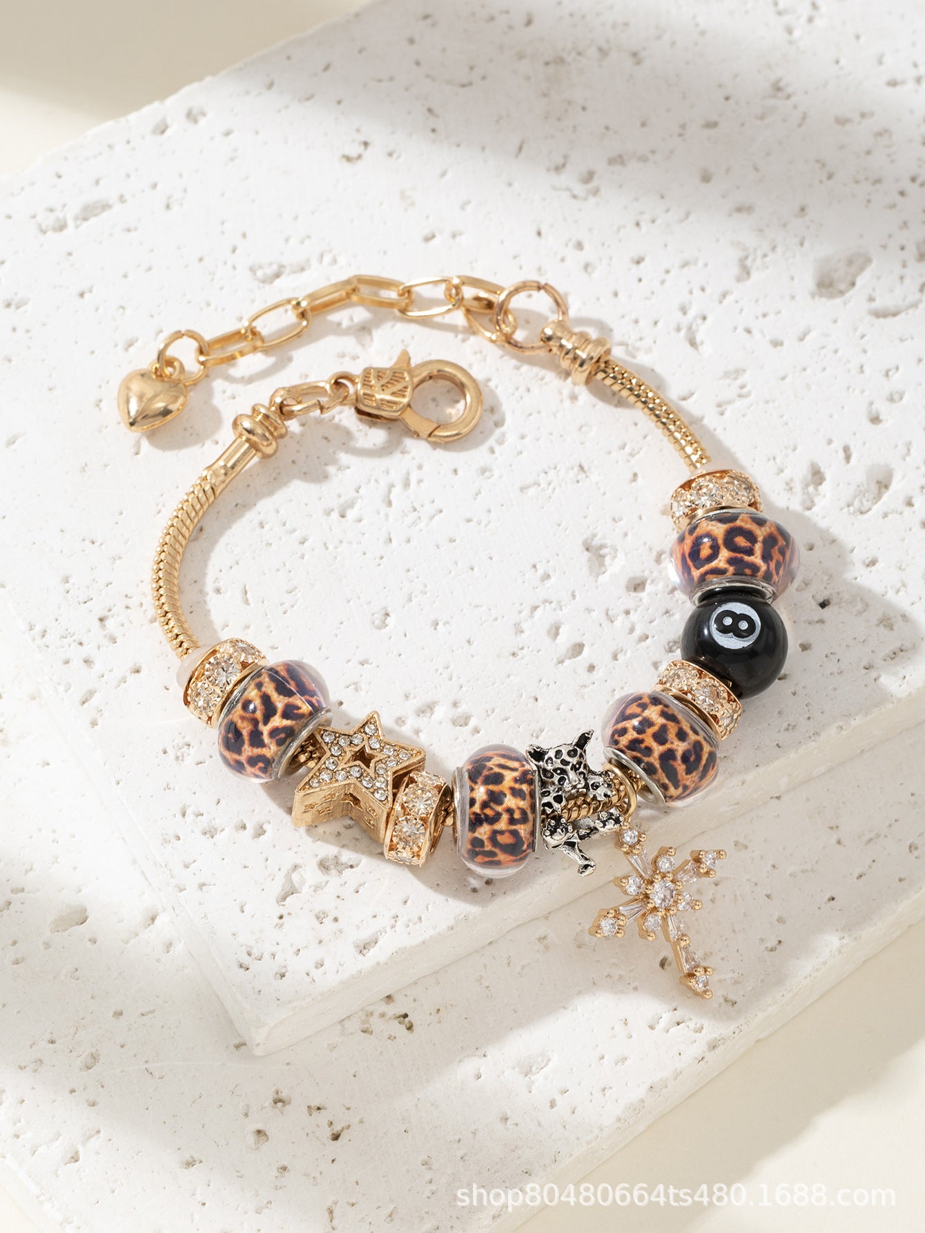 Pan Family Bracelet Cross-border hot DIY Beaded Bracelet Copper Inlaid Zircon Cross Leopard Print Beads Black Eight Fashion Jewelry