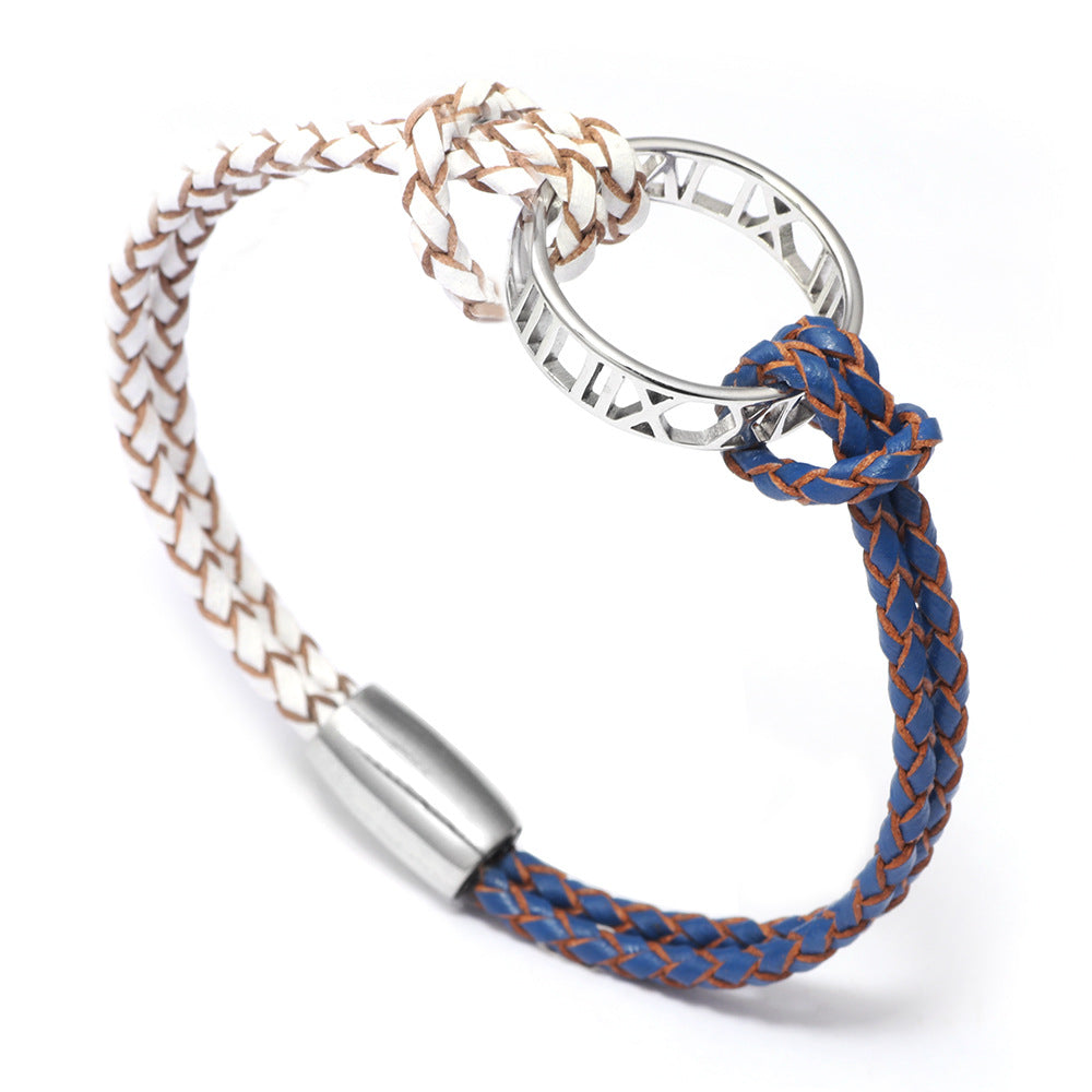 European and American Creative Light Luxury Bracelet for Women, Elegant Fashionable Fresh Style Cowhide Woven Bracelet with Roman Numeral Ring
