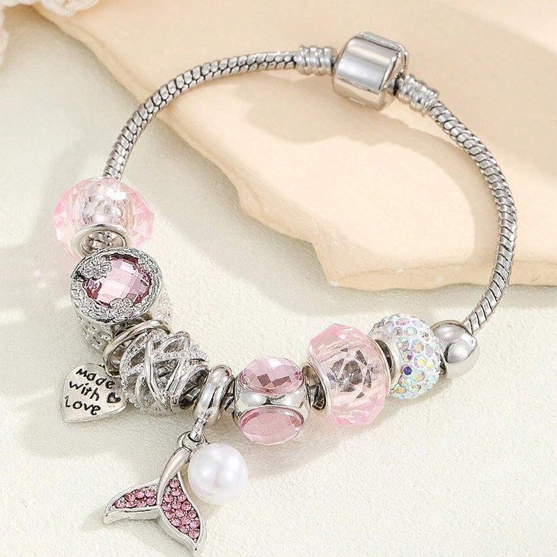 Pan Family Bracelet Dora DIY Beaded Cross-Border Hot-Selling Diamond Ball Heart Mermaid Tail Pearl Pendant Copper Chain
