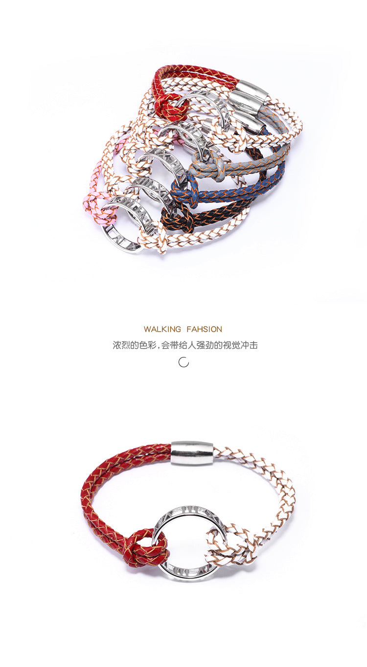 European and American Creative Light Luxury Bracelet for Women, Elegant Fashionable Fresh Style Cowhide Woven Bracelet with Roman Numeral Ring