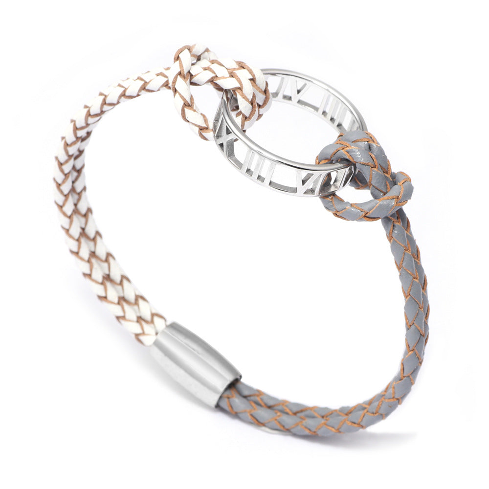 European and American Creative Light Luxury Bracelet for Women, Elegant Fashionable Fresh Style Cowhide Woven Bracelet with Roman Numeral Ring