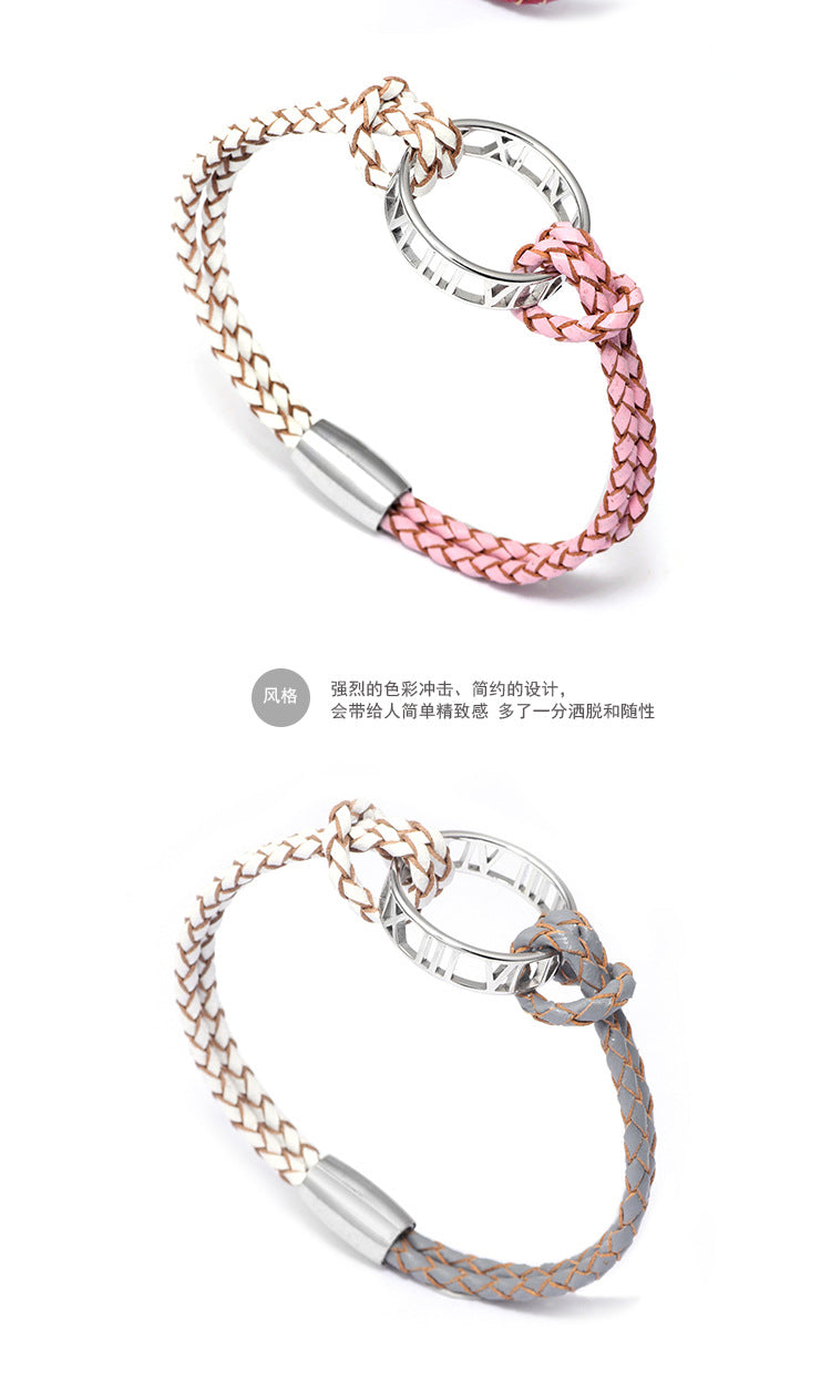 European and American Creative Light Luxury Bracelet for Women, Elegant Fashionable Fresh Style Cowhide Woven Bracelet with Roman Numeral Ring