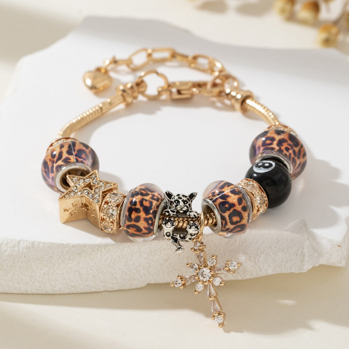 Pan Family Bracelet Cross-border hot DIY Beaded Bracelet Copper Inlaid Zircon Cross Leopard Print Beads Black Eight Fashion Jewelry