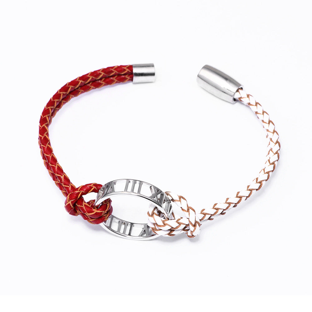 European and American Creative Light Luxury Bracelet for Women, Elegant Fashionable Fresh Style Cowhide Woven Bracelet with Roman Numeral Ring