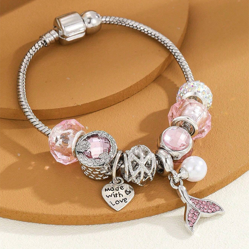 Pan Family Bracelet Dora DIY Beaded Cross-Border Hot-Selling Diamond Ball Heart Mermaid Tail Pearl Pendant Copper Chain