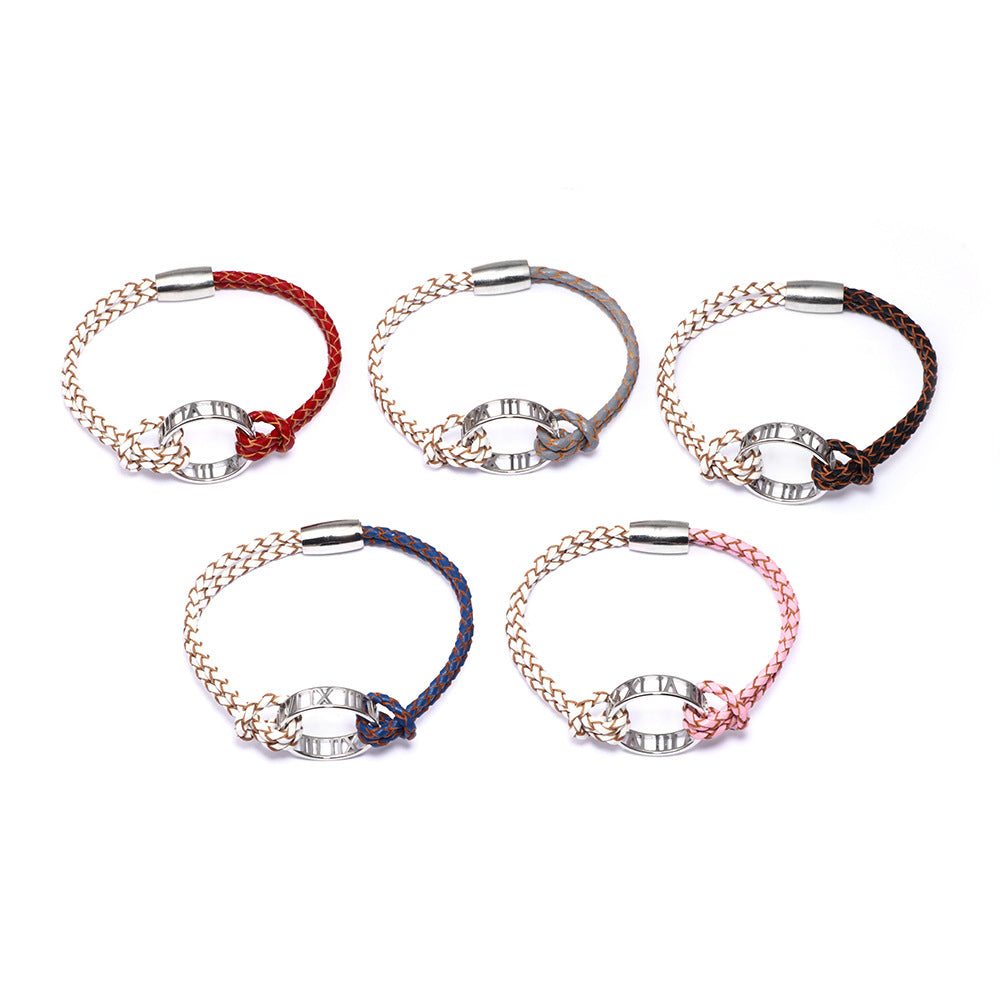European and American Creative Light Luxury Bracelet for Women, Elegant Fashionable Fresh Style Cowhide Woven Bracelet with Roman Numeral Ring