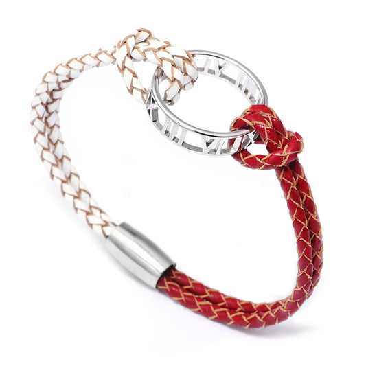 European and American Creative Light Luxury Bracelet for Women, Elegant Fashionable Fresh Style Cowhide Woven Bracelet with Roman Numeral Ring