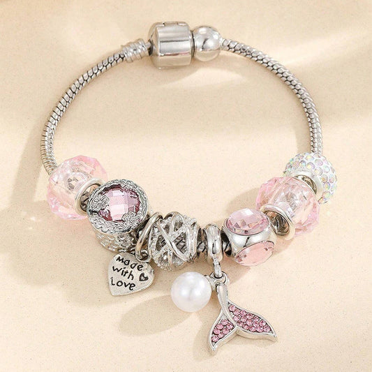 Pan Family Bracelet Dora DIY Beaded Cross-Border Hot-Selling Diamond Ball Heart Mermaid Tail Pearl Pendant Copper Chain